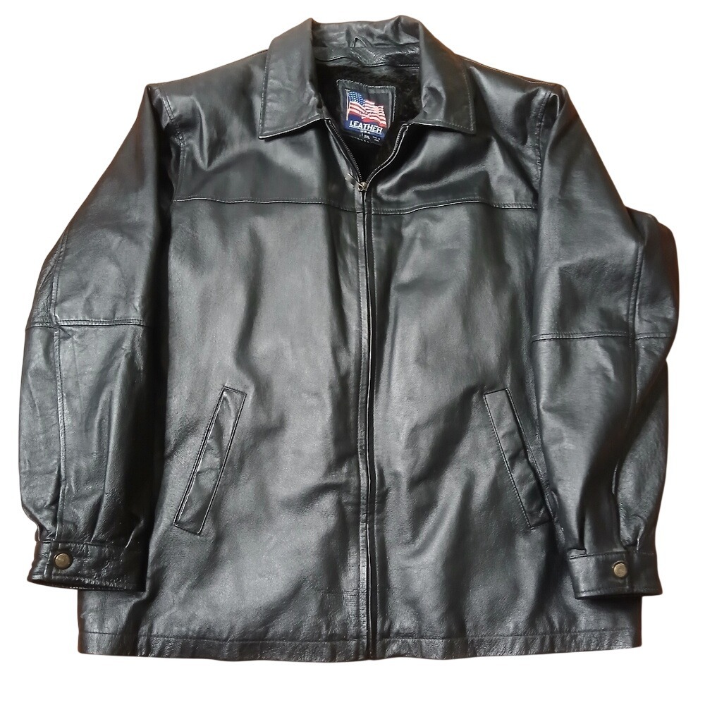 Vtg Leather U.S.A. Jacket Mens 2XL Black Faux Fur Lined Full‎ Zip Leather Coat
